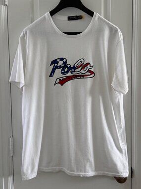 Polo Ralph Lauren White T-Shirt With USA Flag Patriotic Logo Graphic XL Cotton